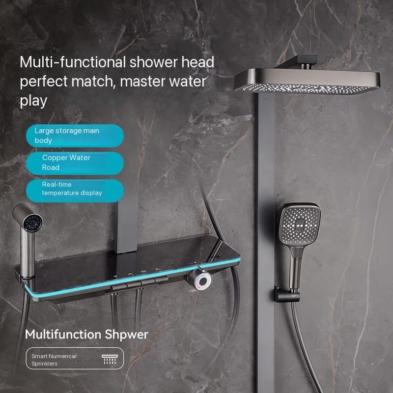 Plumbing - グレーのピアノボタン式アンビエントライト付き浴室シャワーフルセット、デジタルディスプレイ付きシャワーシステムセット、レインシャワー水栓、シャワーヘッド