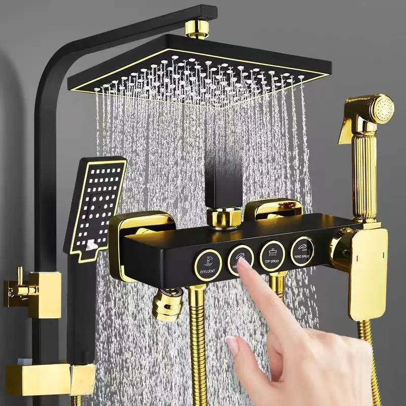 Plumbing - ブラックゴールドステンレス鋼シャワーシステムコンプリートセット、家庭用浴室向け真鍮製サーモスタットボタンシャワー水栓