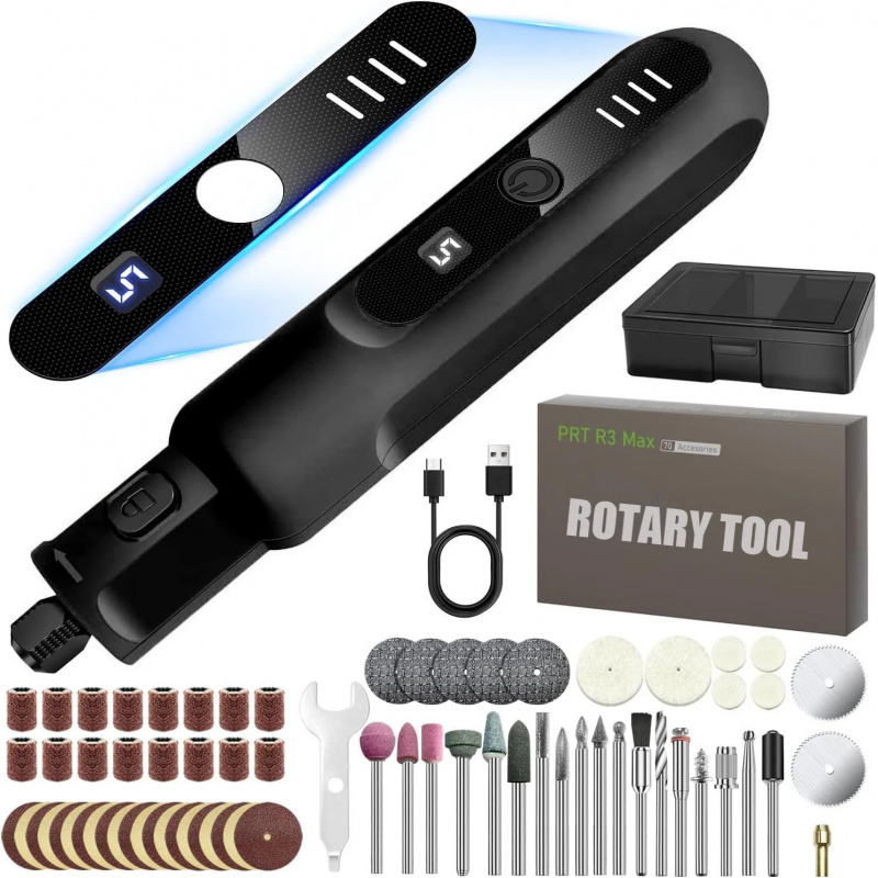 Cordless Rotary Tool Kit Accessories - 3.7Vコードレスミニロータリーツールキット、可変速電動グラインダー、LEDライト付き、DIYクラフト研磨用アクセサリー70個付き