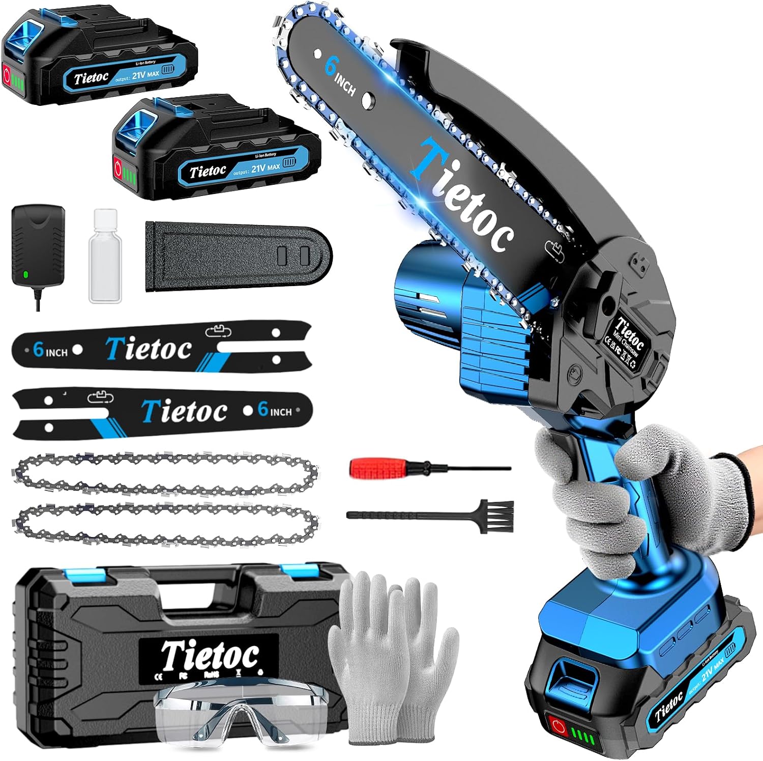 Mini Electric Chainsaw 6 Inch - ミニチェーンソー、6インチコードレスチェーンソー、880W強力電動ハンドヘルドチェーンソー、自動オイラー付き、バッテリー2個とチェーン2本付き、木の剪定用園芸工具、男性、父親、お父さんへのギフト