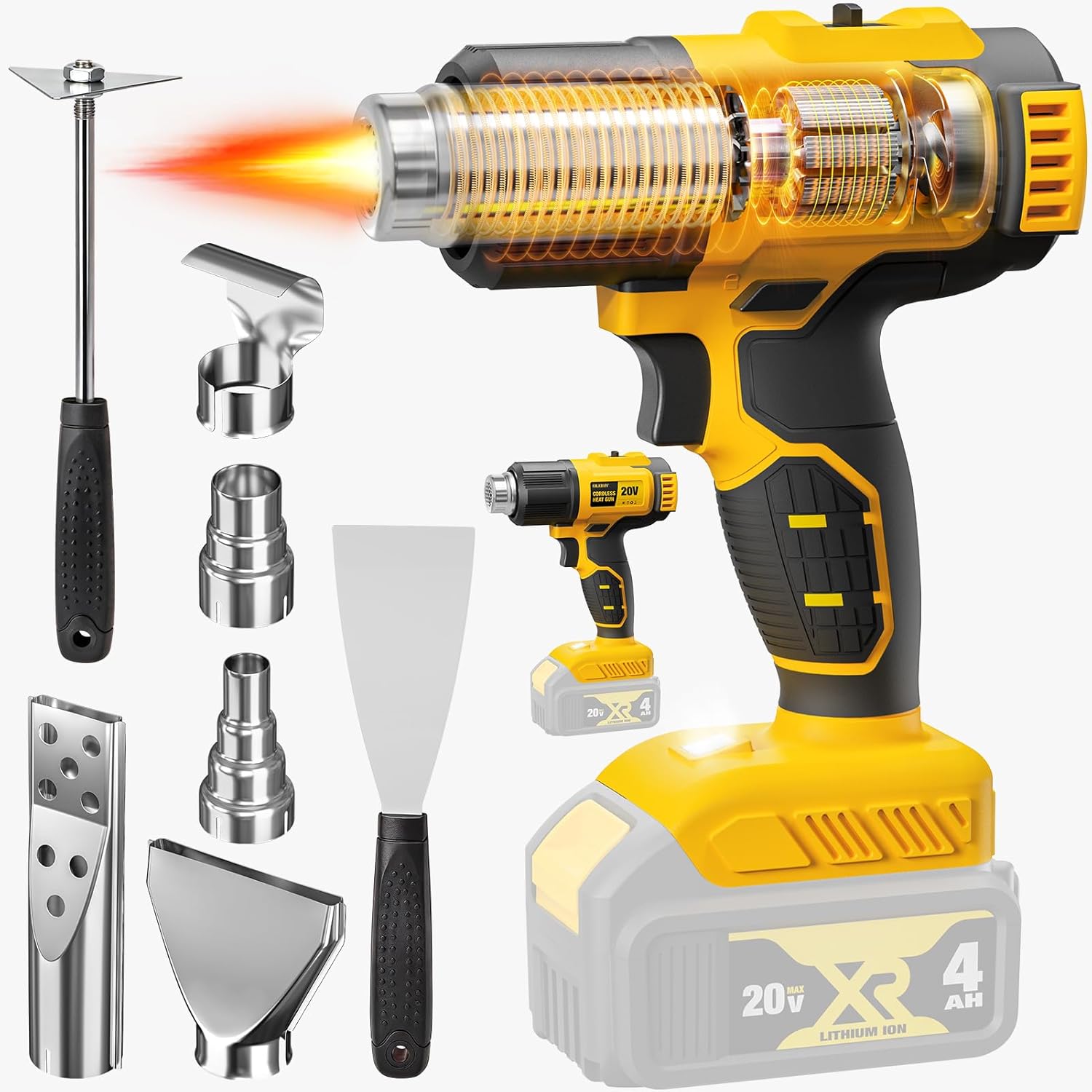 Cordless Heat Gun For Shrink Tubing - コードレスヒートガン、20Vバッテリー対応、7種類のノズルとスクレーパーセット、LEDライト付き、350W高速加熱ホットエアガン（はんだ付け用）、2段階温度設定（最大990℃） ° F (532) ° C）、シュリンクチューブや工芸品用のヒートガン（ツールのみ）