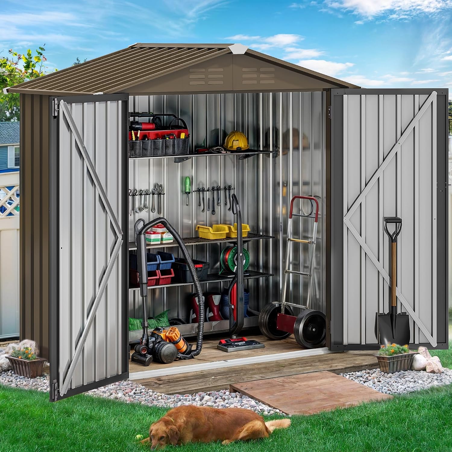 6x4フィートの金属製屋外収納庫、防水ツール小屋、頑丈な収納 - Garden Tools のレビューと価格