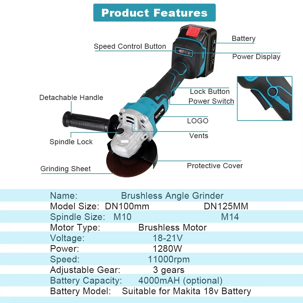 125/100 ミリメートルアングルグラインダーブラシレス可 - Brushless Angle Grinder Battery Powered のレビューと価格