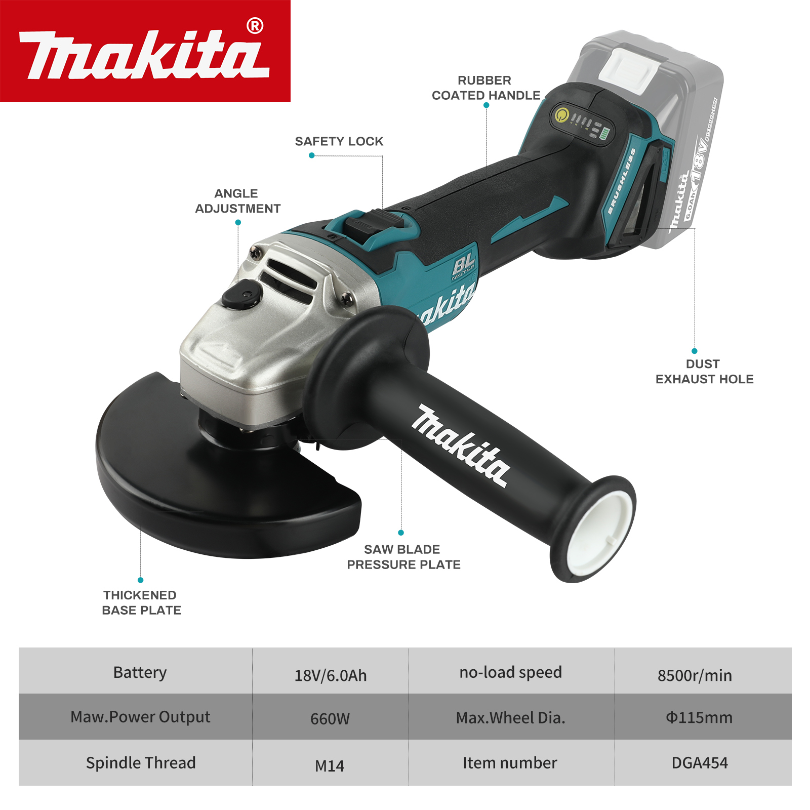 マキタ DGA454 115 ミリメートル 18 V ブラシ - Brushless Angle Grinder Battery Powered のレビューと価格