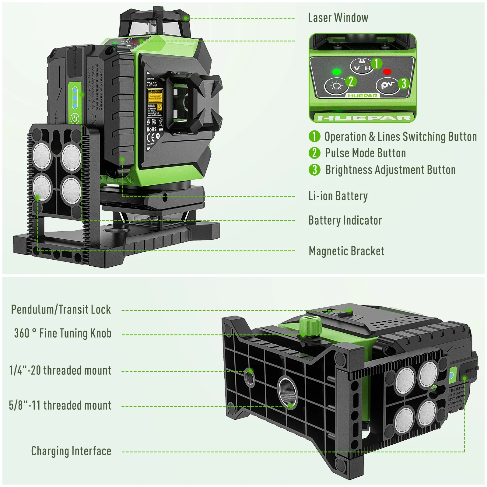 Huepar 704CG デジタル4D 16ラインレーザー墨 - Laser Level 16 Lines 4D Green のレビューと価格