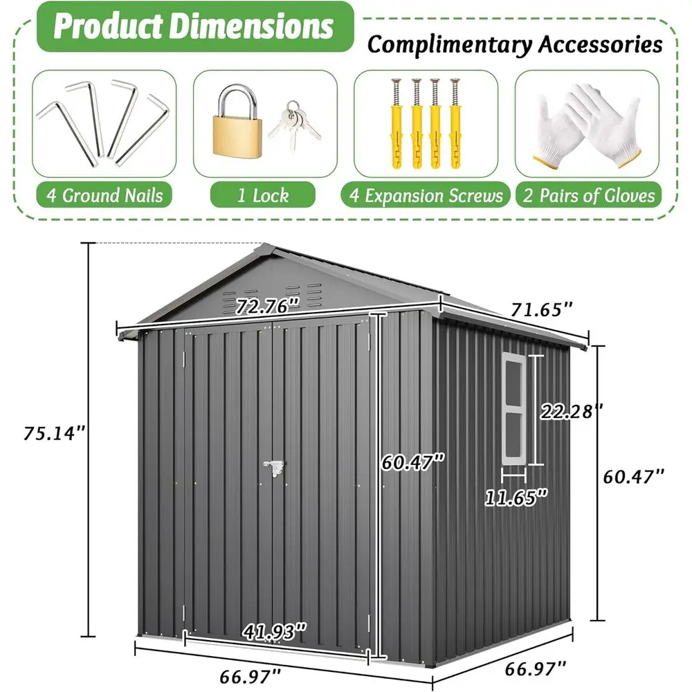 6x6フィートの亜鉛メッキ鋼製屋外収納庫（ロック可能なドア、 - Garden Tools のレビューと価格